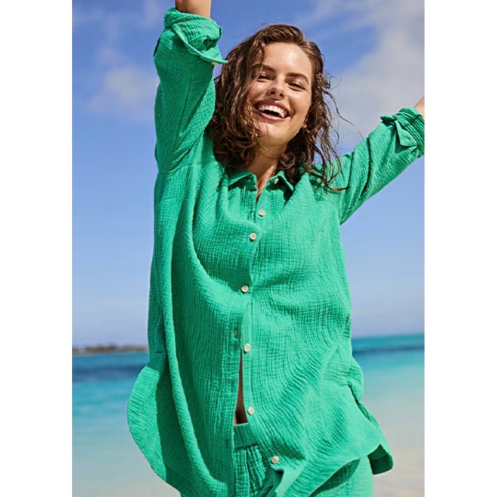 J. Jill Green Long Sleeve Gauzy Button Down Tunic Swim Cover-Up Size Large Tall